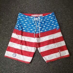 Pelagic Sharkskin Board Shorts Mens 36 Red White Blue Flag Fish Print USA